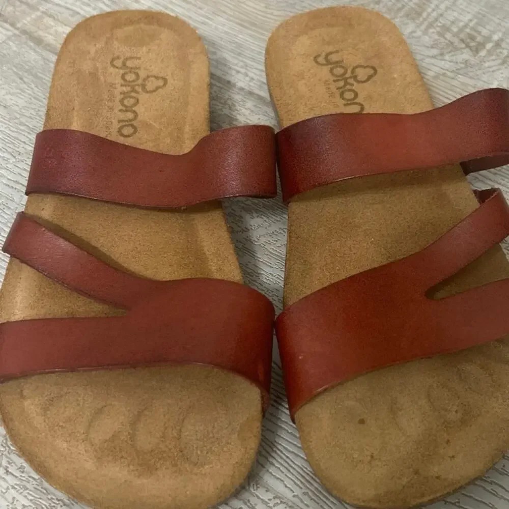 Yokono Spain Leather Cork Footbed Slide Sandals Cognac Boho Size 8 Mediterranean